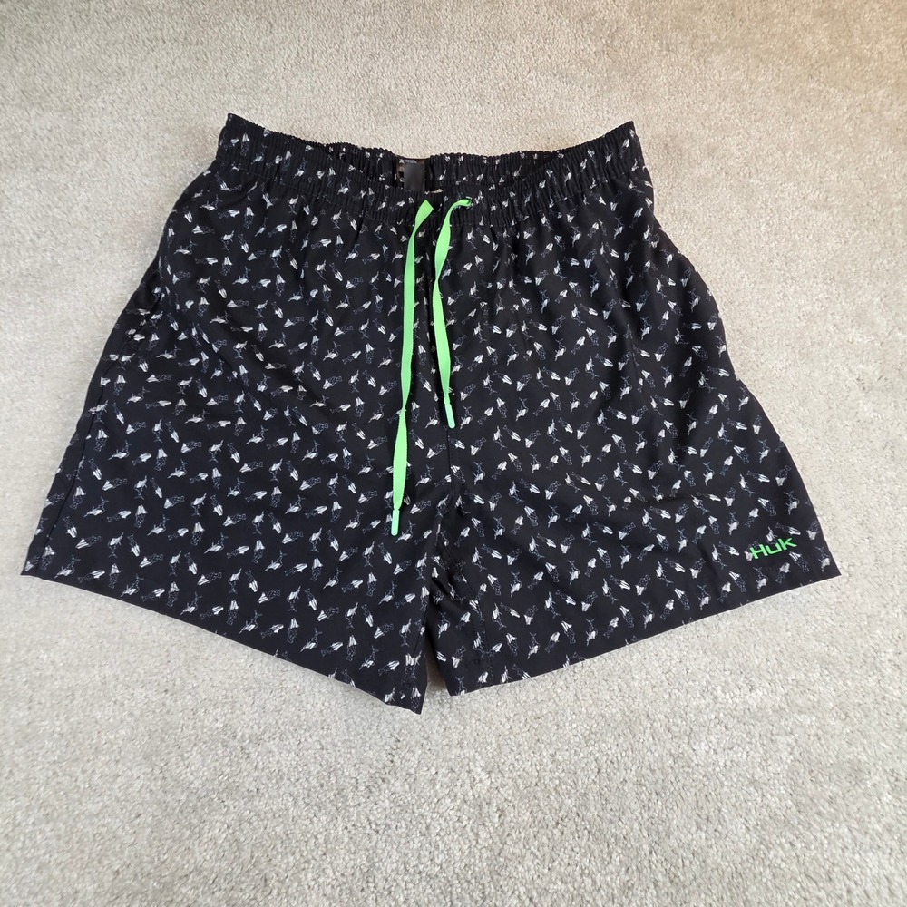 Huk Mens Swim Trunks Black Fish Print Mesh Lined Men's L